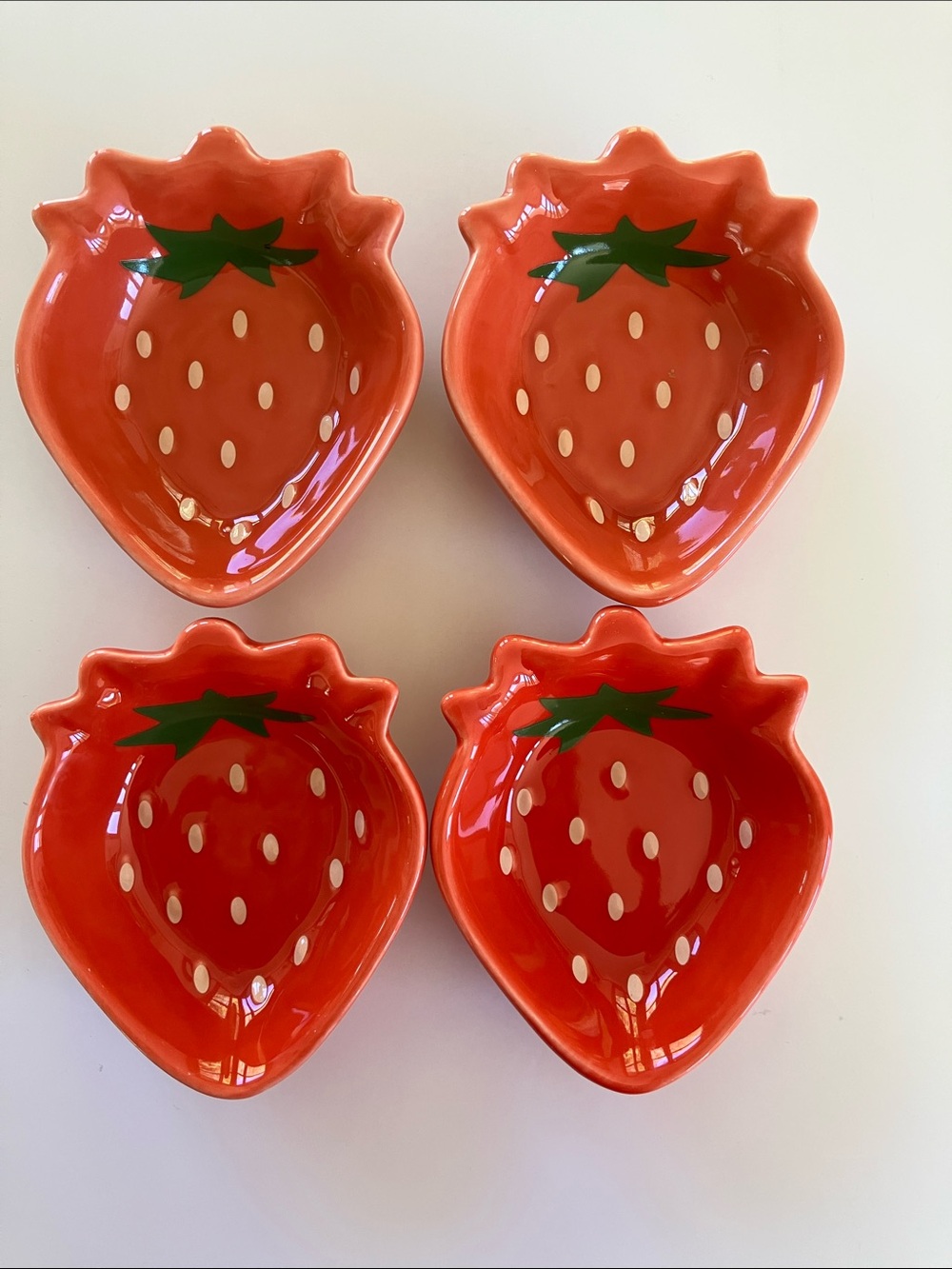 Set of 4 Strawberry-Shaped Ceramic Dishes - Red with Green Accents